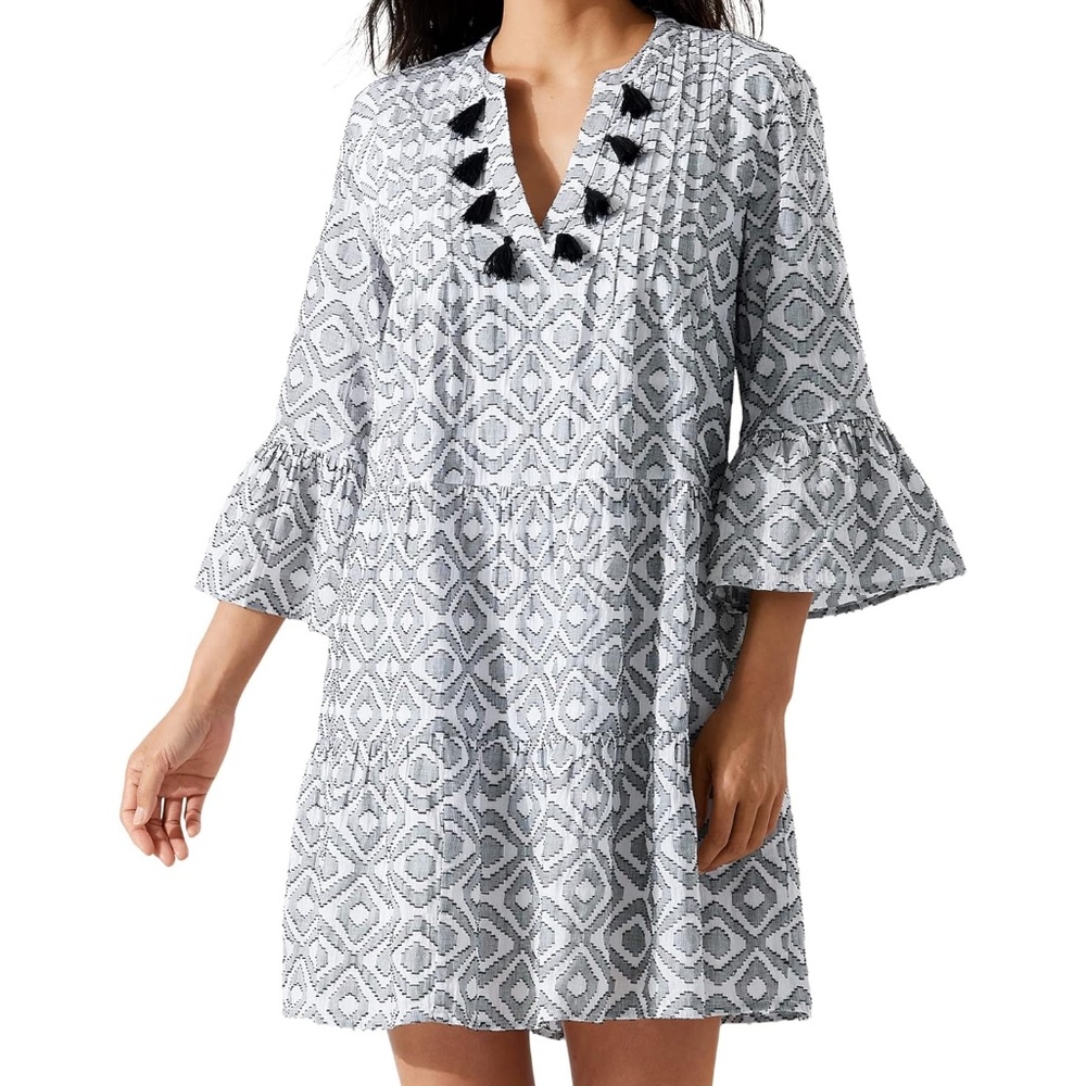 Tommy. Bahama Mini Shift Dress Diamond Tiered Tassels Cotton Black&White Small